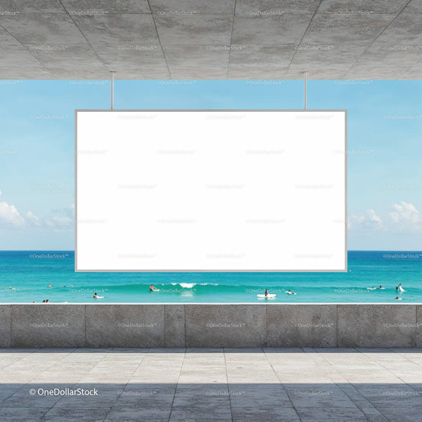 Blank Billboard Overlooking Busy Surf Beach JPG Mockup Image