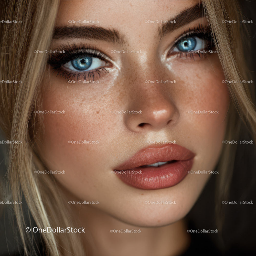 Portret kobiety z jasnoniebieskimi oczami i piegami