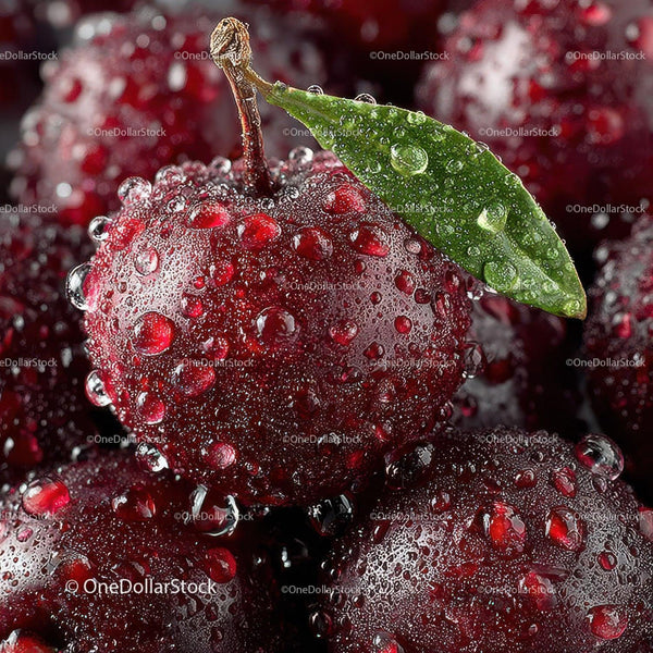Bright Red Cherries with Dew Drops Macro Shot
