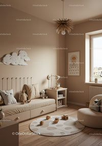 Cozy Kid's Bedroom with Plush Toys and Sun Wall Art