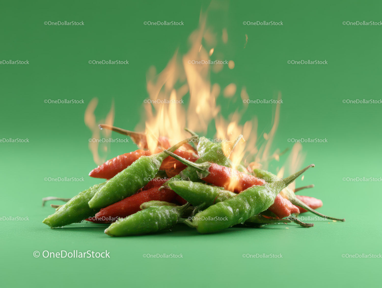 Red and Green Chili Peppers Burning with Intense Heat