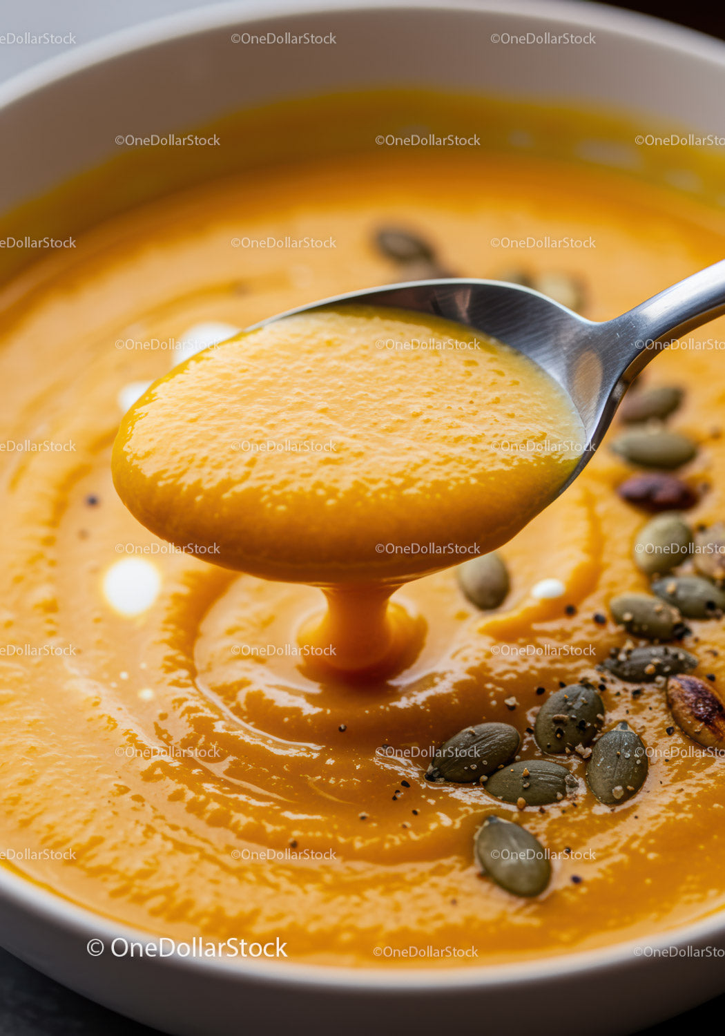 Creamy pumpkin soup with pumpkin seeds in white bowl