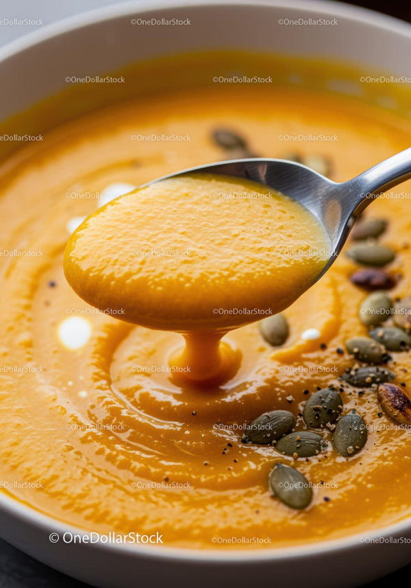 Creamy pumpkin soup with pumpkin seeds in white bowl