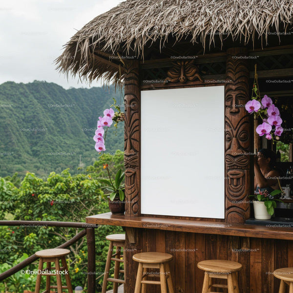 Tropical wooden bar with orchids and mountain view JPG Mockup Image