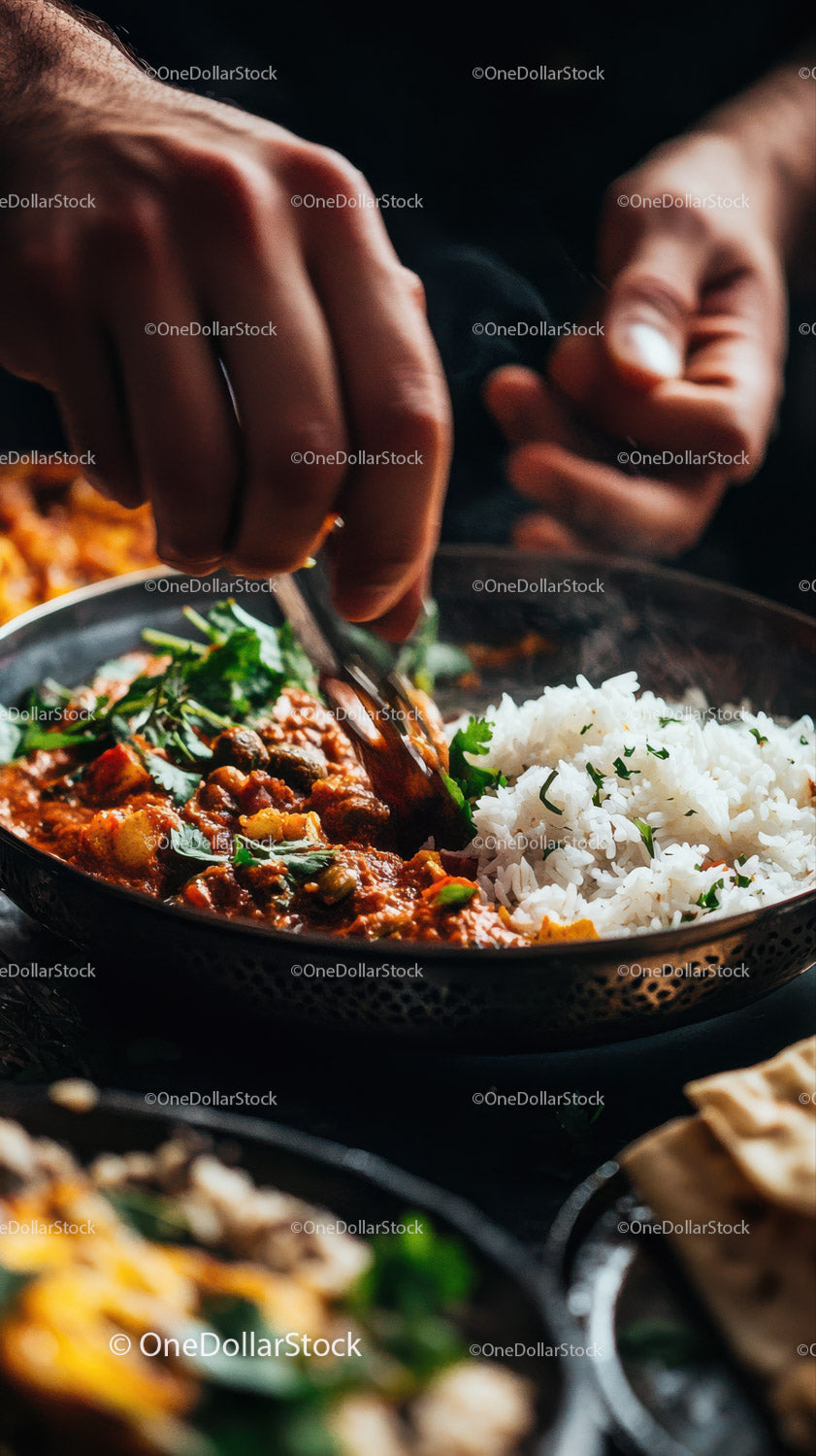 Hands Serving Spicy Curry with White Rice on a Black Plate