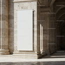 Blank vertical banner on stone pillar in historic arcade