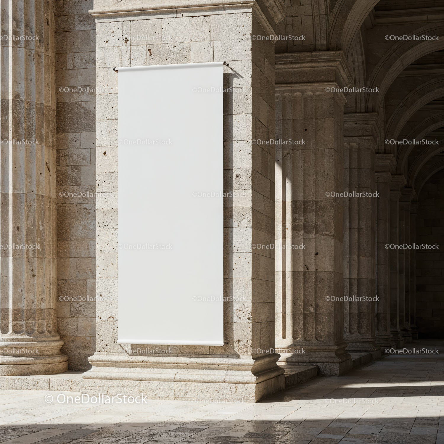 Blank vertical banner on stone pillar in historic arcade