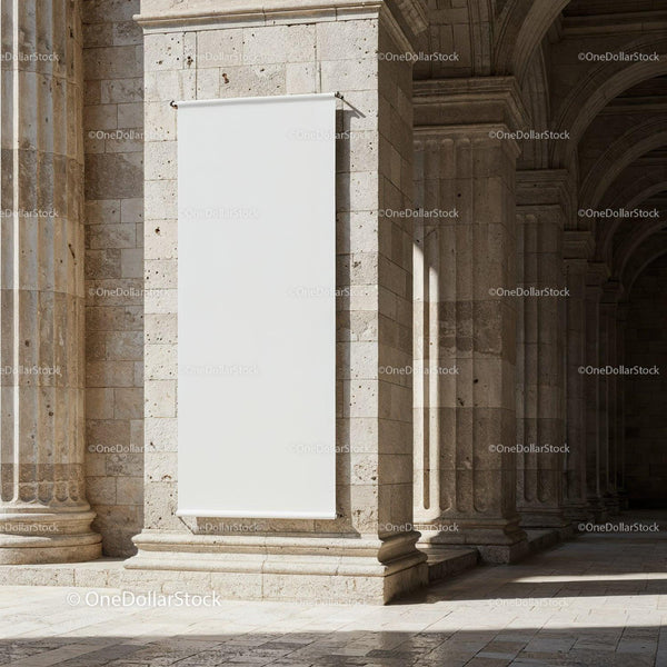 Blank vertical banner on stone pillar in historic arcade JPG Mockup Image