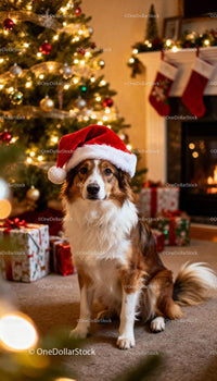 Dog Wearing Santa Hat by Christmas Tree and Fireplace