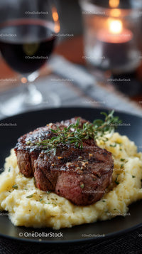 Juicy Steak with Mashed Potatoes and Herb Garnish in Elegant Restaurant