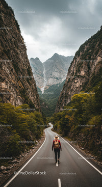 Scenic Mountain Canyon Road with Hiker in Adventure Setting