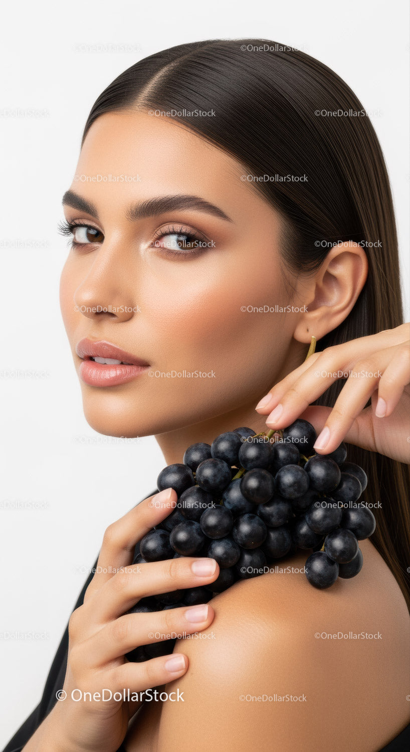 Elegant Woman Holding Black Grapes with Radiant Skin for Beauty and Skincare