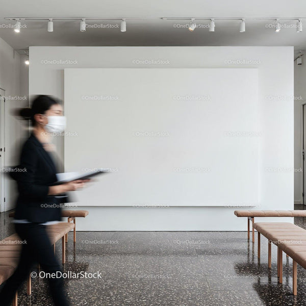Person walking past empty modern gallery wall JPG Mockup Image