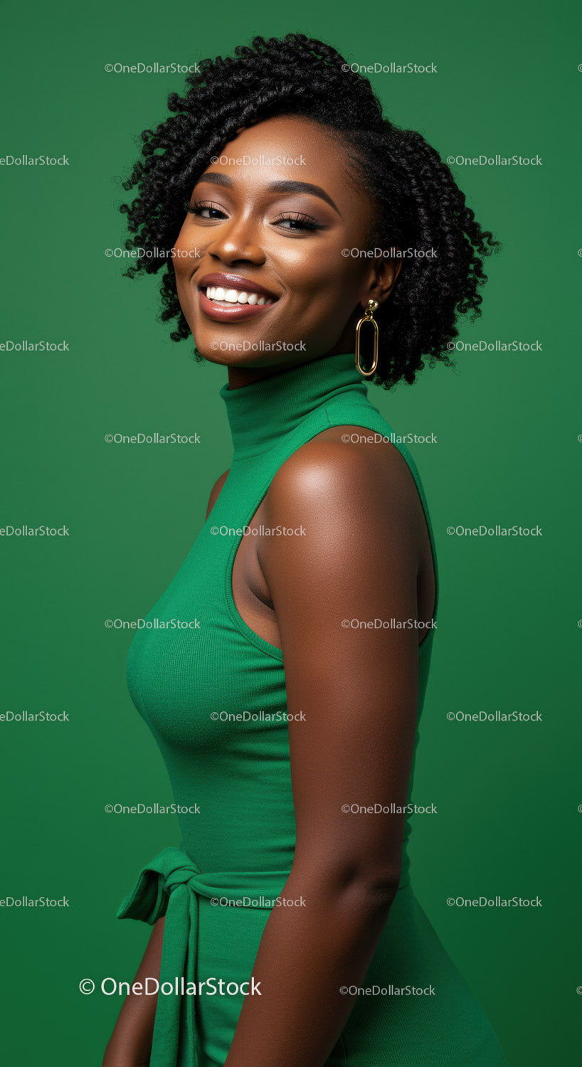 Elegant Smiling African American Woman in Green Dress Portrait