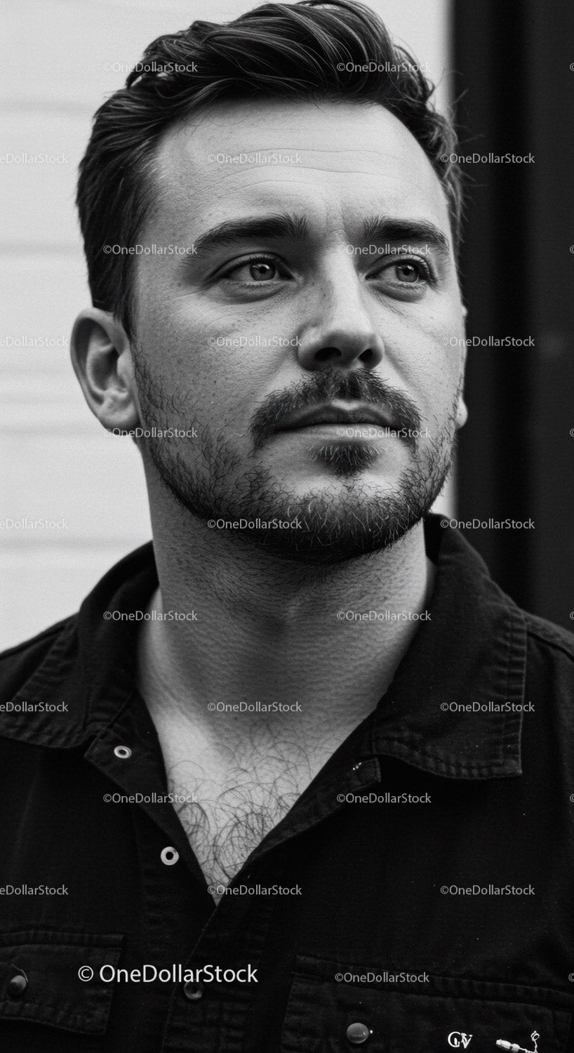 Black and White Portrait of a Young Man with Stylish Hair and Facial Hair