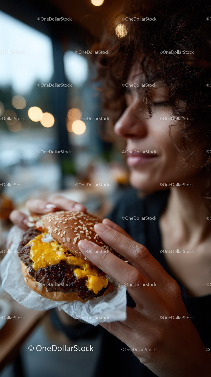 Close-up of Woman Enjoying Delicious Cheeseburger in Cozy Café Atmosphere