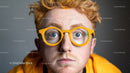 Bright Young Man with Blonde Curly Hair Wearing Yellow Glasses and Jacket