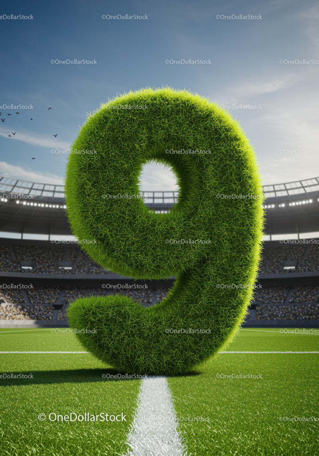 Large Grass Covered Number Nine on Soccer Field