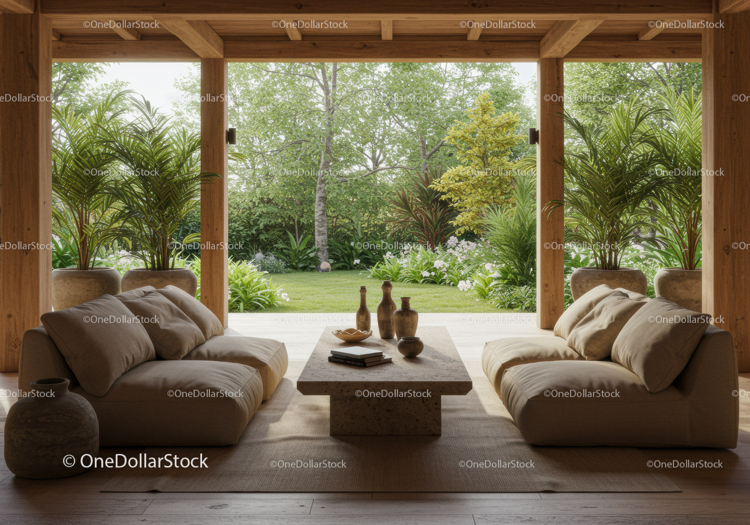 Cozy open living room overlooking lush garden space