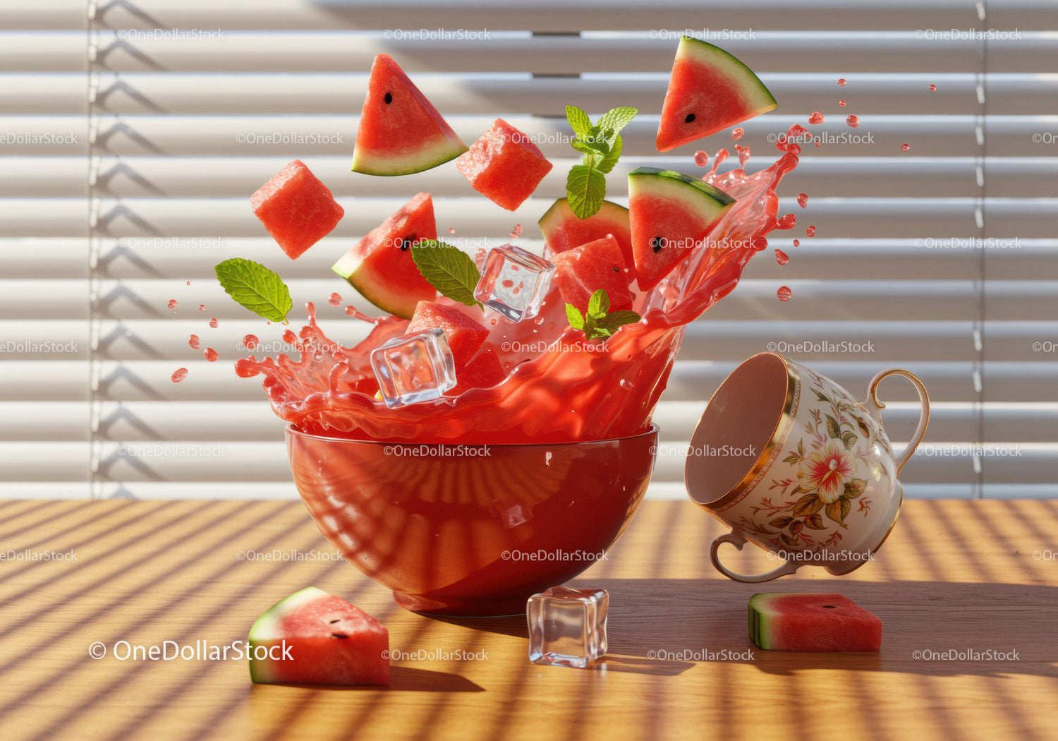 Fresh Watermelon Splash with Ice Cubes and Mint Leaves