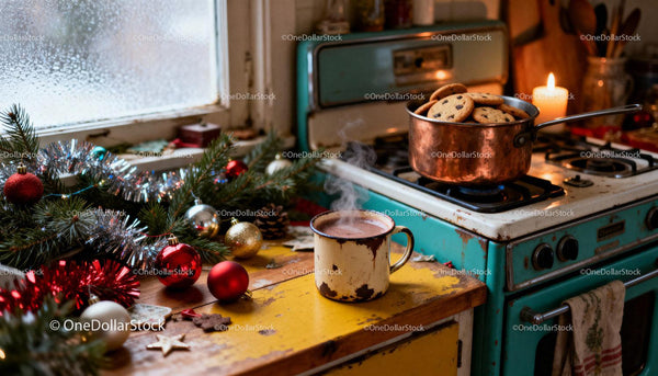 Cozy winter kitchen scene with hot chocolate and cookies