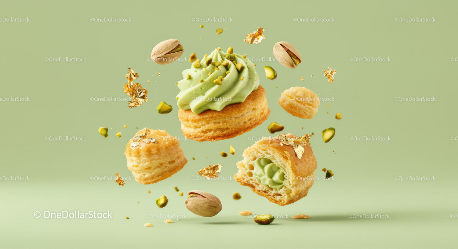 Pistachio Cream Pastries Floating with Nuts and Gold Leaf