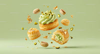 Pistachio Cream Pastries Floating with Nuts and Gold Leaf