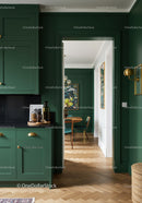 Stylish Green Kitchen Wall with Elegant Dining Area and Wooden Floor