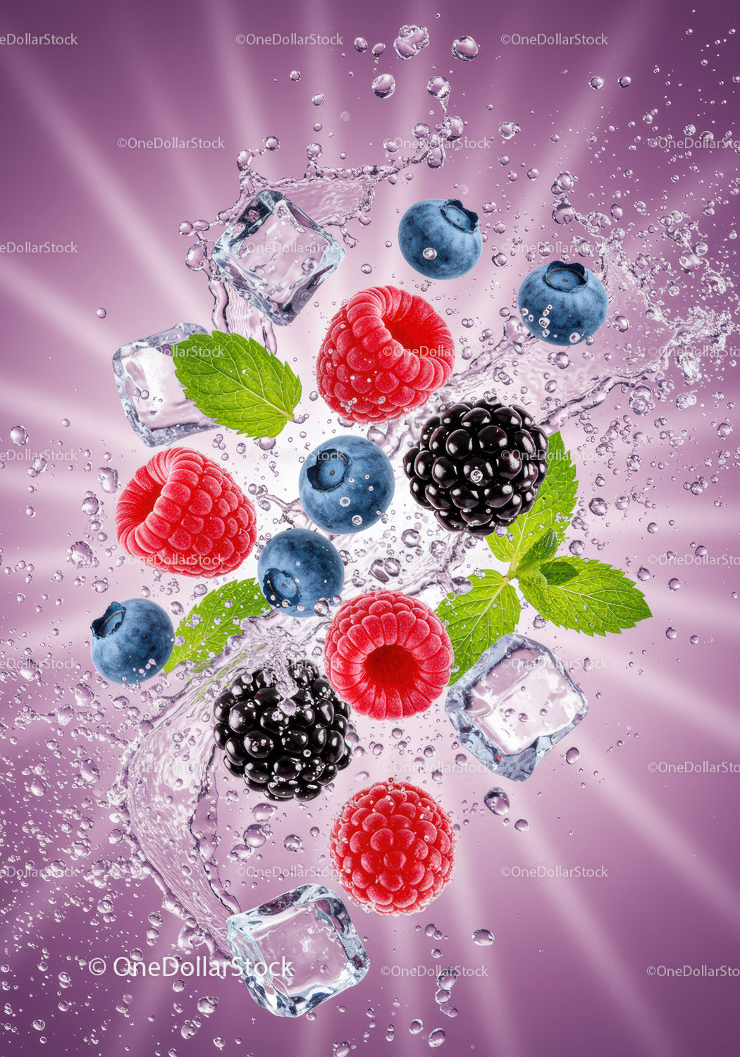 Fresh Mixed Berries Splash with Ice and Mint Leaves