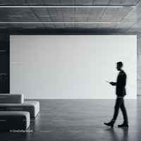 Businessman walking past modern minimalist lobby interior