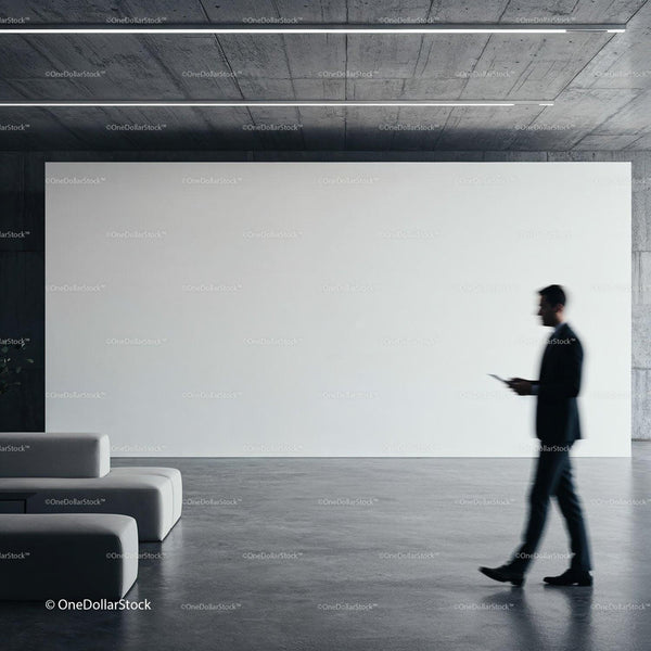 Businessman walking past modern minimalist lobby interior JPG Mockup Image