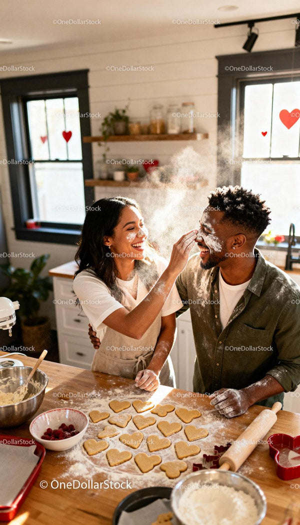 Couple Playfully Baking Heart-Shaped Cookies Together