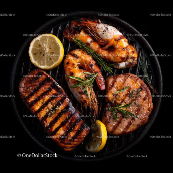 Grilled Shrimp Lemon Fish and Herbs on Black Background