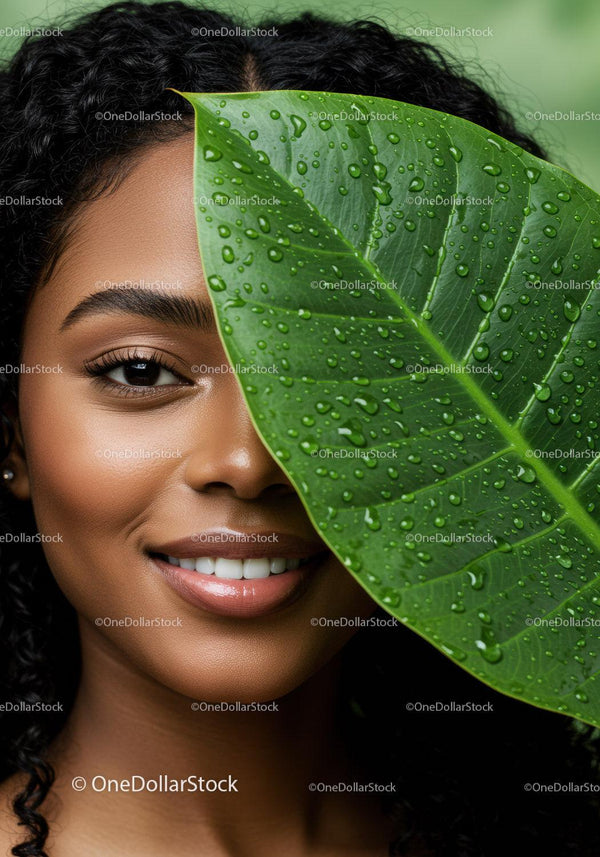 Beautiful Woman with Water Droplets on Tropical Leaf