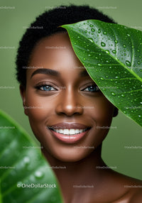 Elegant African American Woman Among Tropical Green Leaves