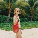 Young Woman in Bikini on Tropical Beach with Palm Trees