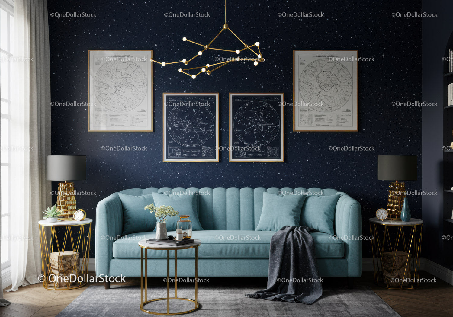 Elegant living room with celestial wall art and teal sofa