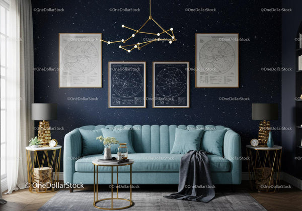 Elegant living room with celestial wall art and teal sofa