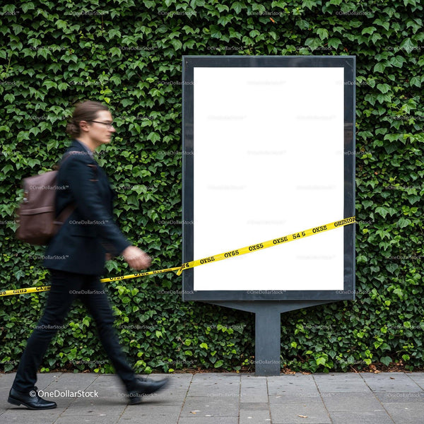 Person Walking Past Empty Billboard with Caution Tape JPG Mockup Image