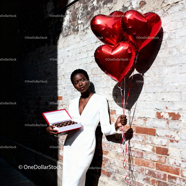 Elegant woman holding heart-shaped balloons and chocolates