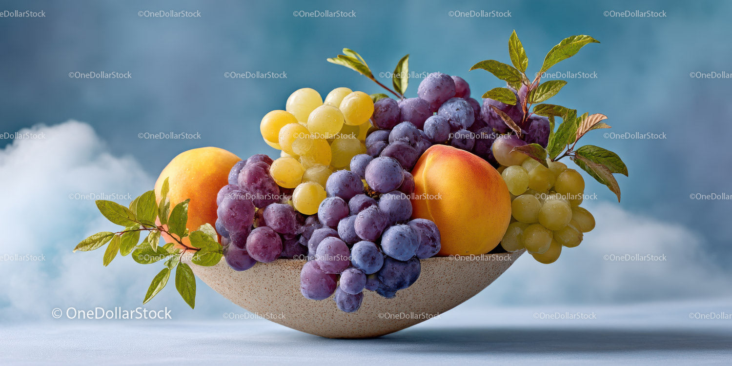 Fresh Purple and Green Grapes with Peaches in a Rustic Bowl