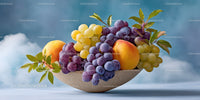 Fresh Purple and Green Grapes with Peaches in a Rustic Bowl