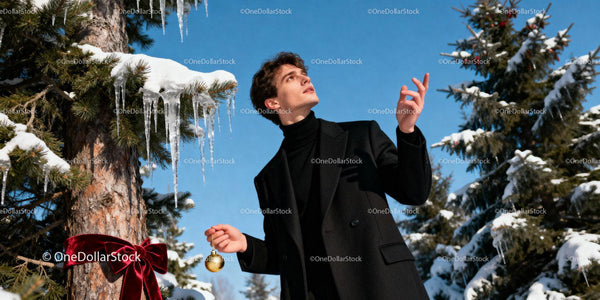 Young Man Decorating Snowy Pine Tree with Gold Ornament