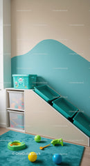 Bright Children's Playroom with Blue and Green Toy Storage Bins