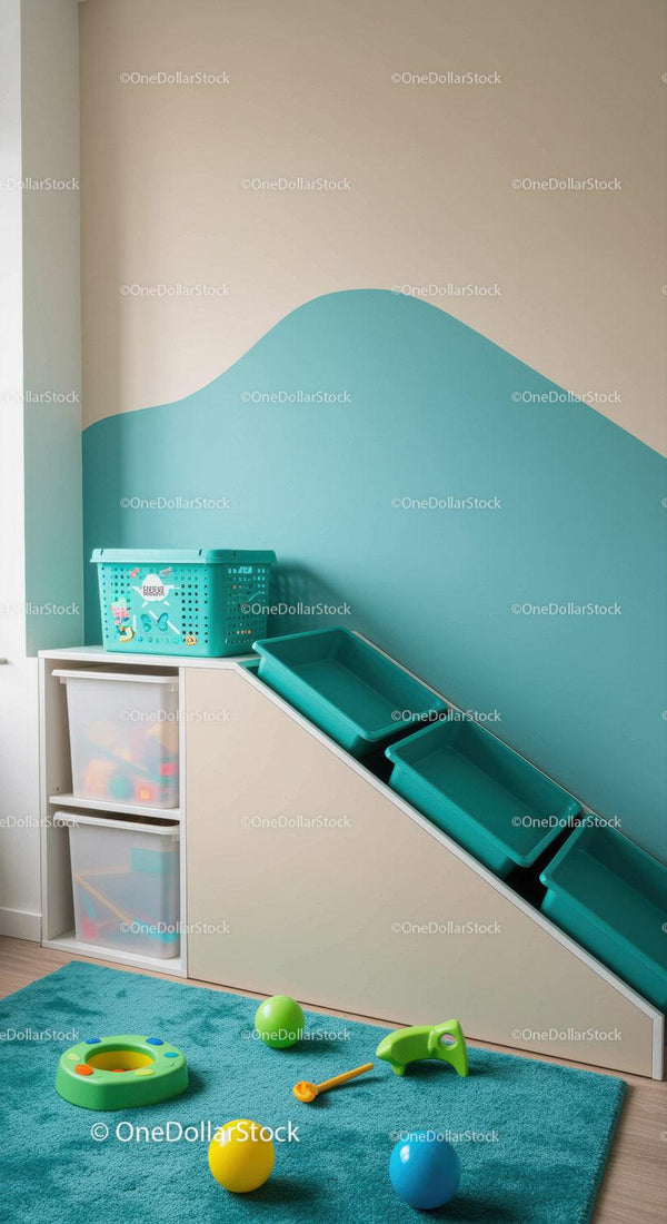 Bright Children's Playroom with Blue and Green Toy Storage Bins