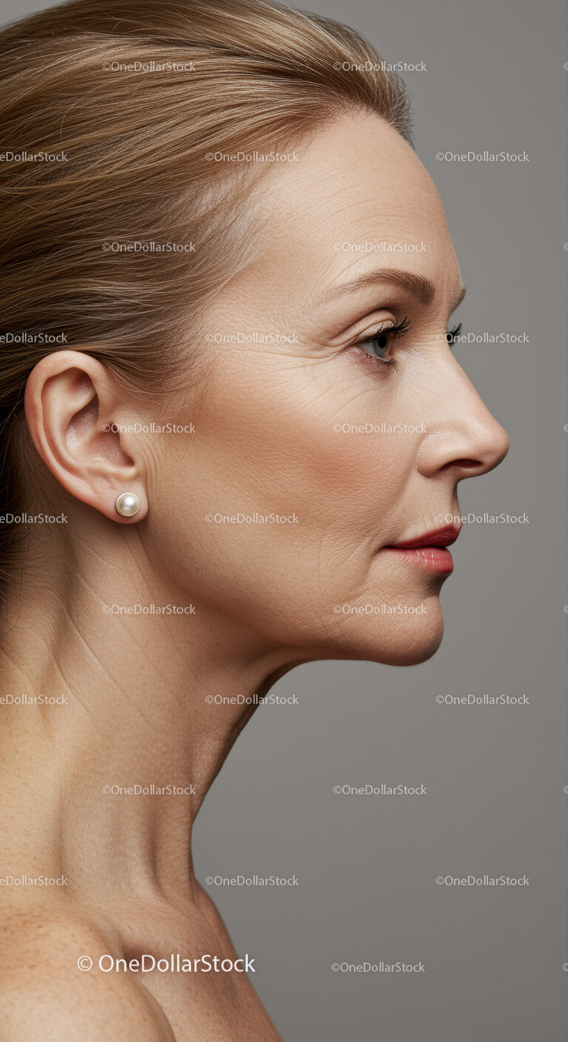 Elegant Mature Woman Portrait with Pearl Earring and Flawless Skin