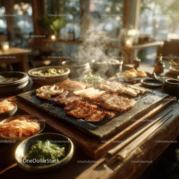 Traditional Korean Barbecue with Grilled Steaks and Vegetables