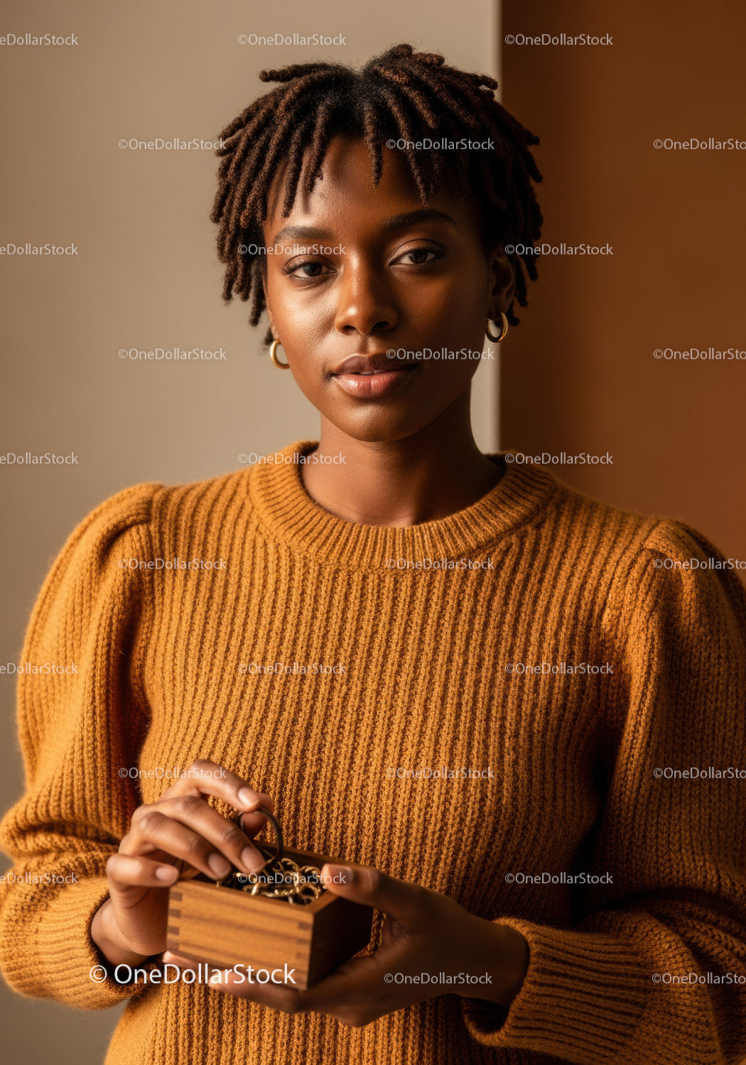 Stylish Woman Holding Small Wooden Box in Cozy Indoor Setting