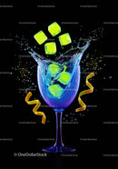 Vibrant splash of ice cubes in glass with lemon twist
