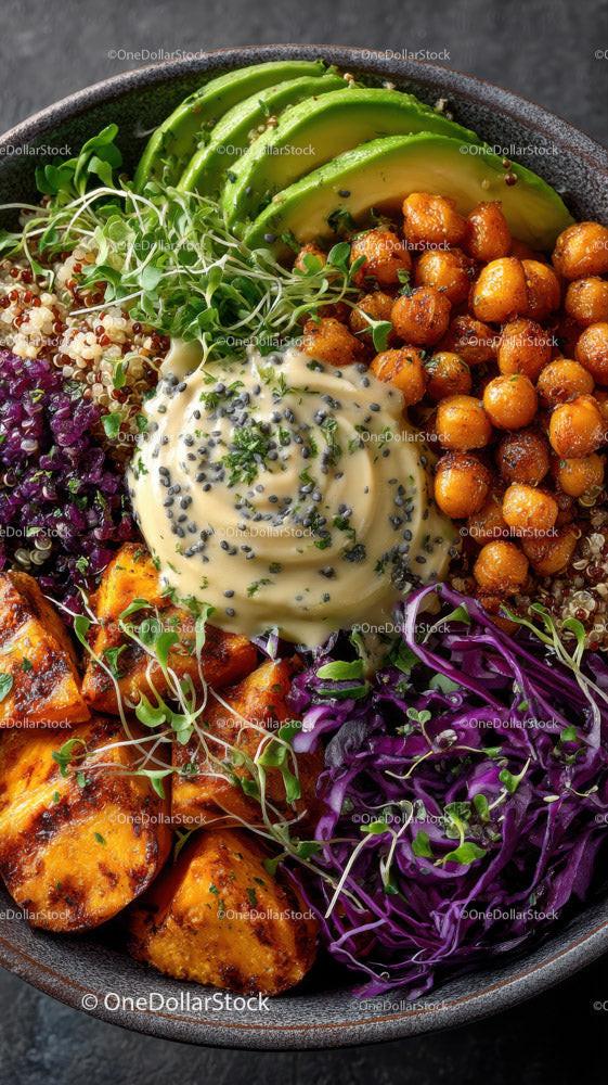 Colorful Vegan Salad Bowl with Avocado Chickpeas and Microgreens
